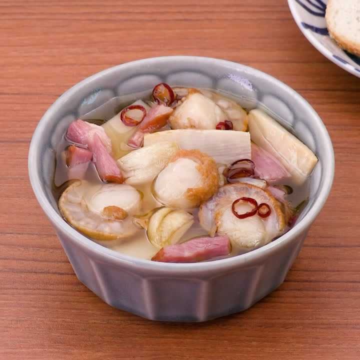 たけのことホタテとベーコンのアヒージョ