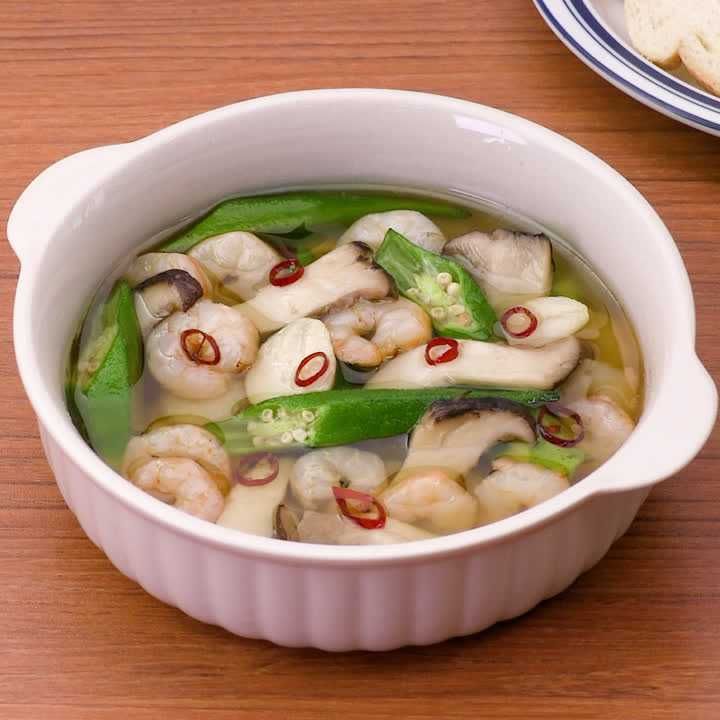 エリンギとえびとオクラのアヒージョ