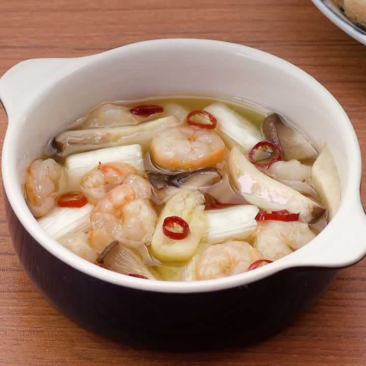 エリンギとえびとねぎのアヒージョ