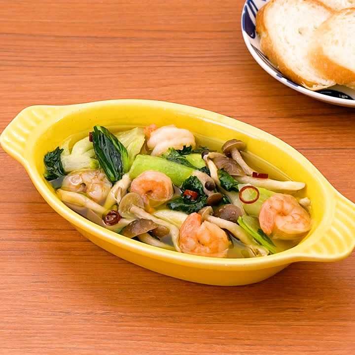 しめじとえびとチンゲン菜のアヒージョ