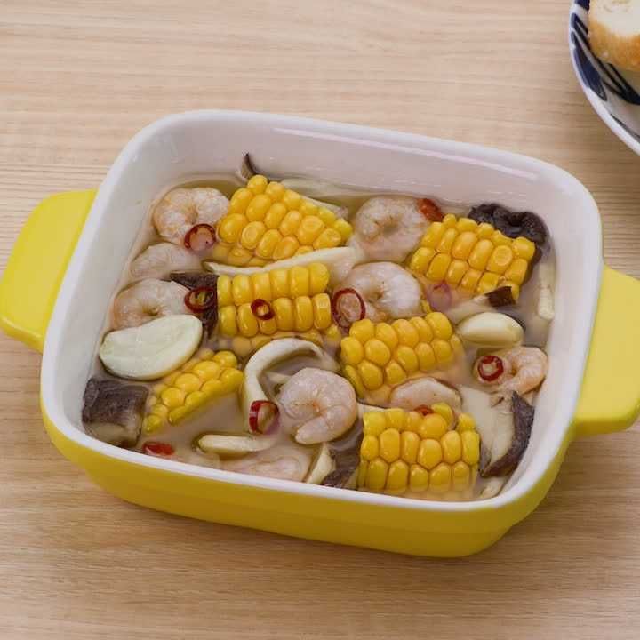 エリンギとえびととうもろこしのアヒージョ