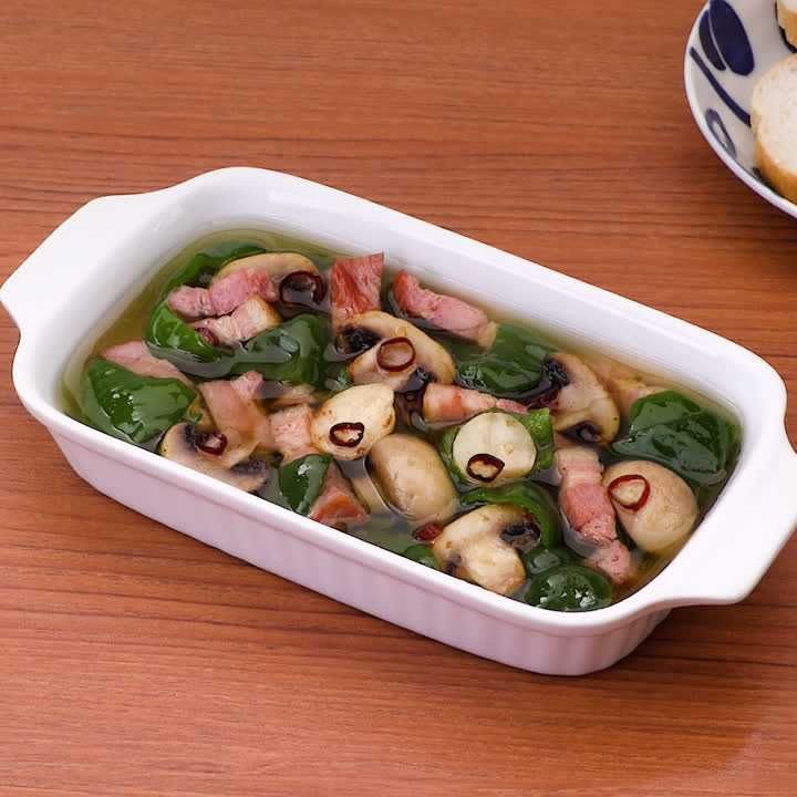 マッシュルームとピーマンの簡単アヒージョ