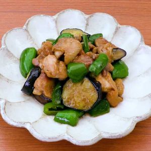 なすとピーマンの甘辛鶏炒め