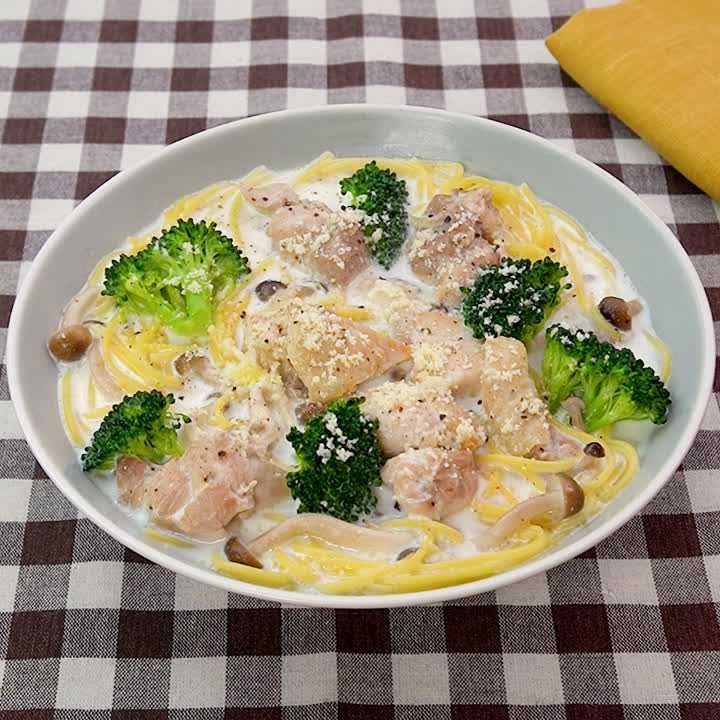 鶏もも肉のクリームスープパスタ