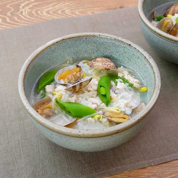 あさりとスナップエンドウのしょうがクッパ