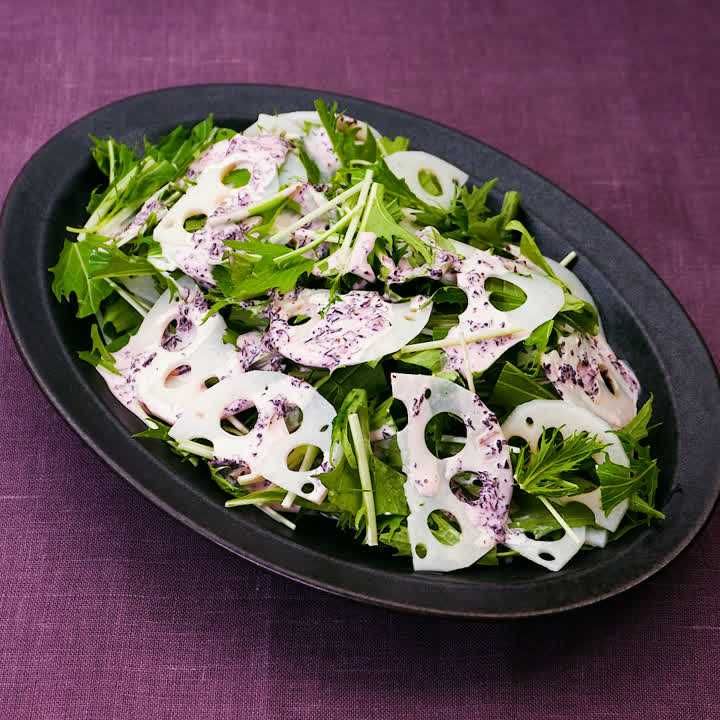 れんこんと水菜の赤しそマヨサラダ