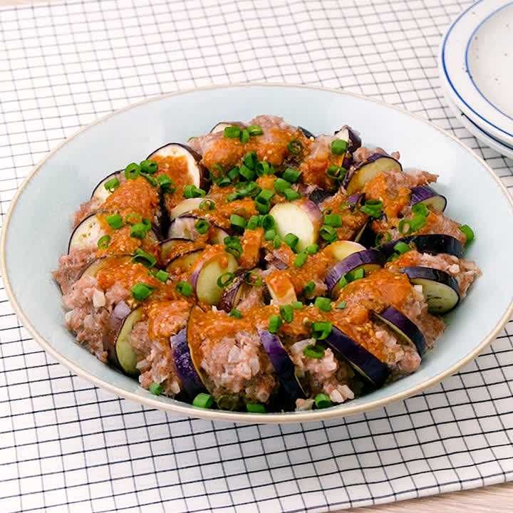 なすと豚ひき肉のレンジ重ね蒸し