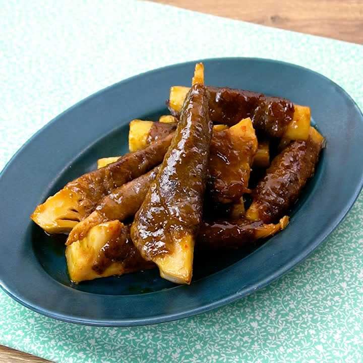 たけのこと長芋の甘辛肉巻き