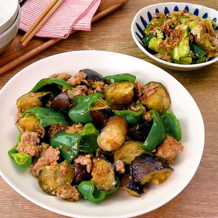 なすとピーマンの肉みそ炒め献立
