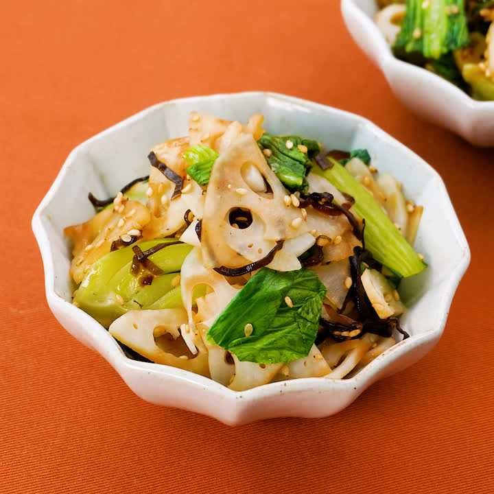 れんこんと青梗菜の塩昆布あえ