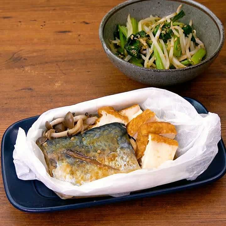 サバの味噌煮とごまポン酢あえ